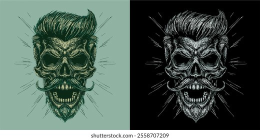 Rockabilly skull has mustache and beard vector scribble art picture illustration is perfect for your printable t-shirts, posters, banners and banners and also suitable for other items