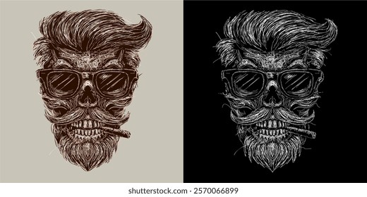 Rockabilly skull has mustache and beard vector scribble art picture illustration is perfect for your printable t-shirts, posters, banners and banners and also suitable for other items