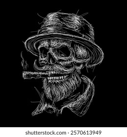 Rockabilly skull has mustache and beard vector scribble art picture illustration is perfect for your printable t-shirts, posters, banners and banners and also suitable for other items