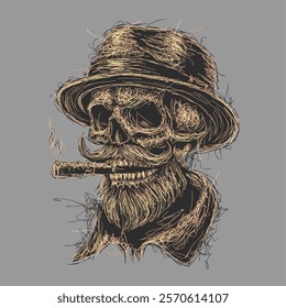 Rockabilly skull has mustache and beard vector scribble art picture illustration is perfect for your printable t-shirts, posters, banners and banners and also suitable for other items