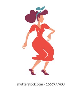 Rockabilly style lady dancing flat color vector faceless character. Pop girl with 1940s hairstyle. Old fashioned caucasian woman in red dress. Elegant swing dancer isolated cartoon illustration