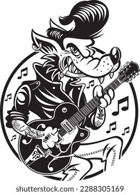 Lobo de estilo rockabilly tocando una guitarra eléctrica