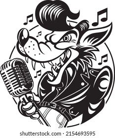 Rockabilly style wolf singing into vintage microphone