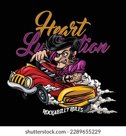 a Rockabilly styled man in a luxury car that he drives at high speed. one of the earliest and most influential styles of rock n' roll to emerge in the 1950s.