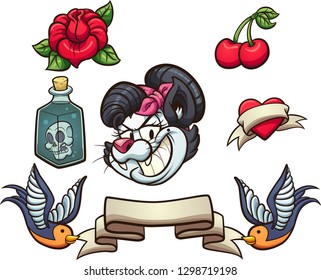 Rockabilly tattoo elements. Vector clip art illustration with simple gradients. Each on a separate layer. 
