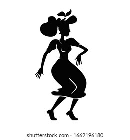 Rockabilly woman black silhouette vector illustration. Female person in dancing pose. Elegant old fashioned girl performing boogie woogie 2d cartoon character shape for commercial, animation, printing