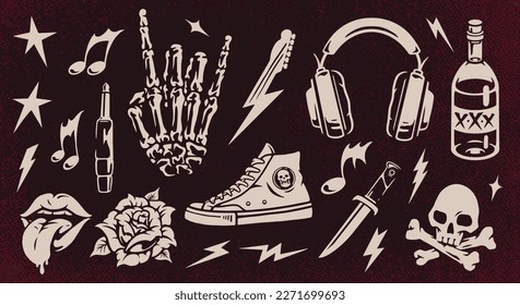 Rock-and-roll band vintage set monochrome stickers with skull and bony hand of hardcore musician near sneakers and headphones vector illustration