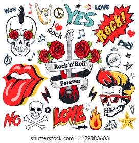 Rock-and-roll forever inscription loud poster. Rock and punk subcultural movement decorative symbols and emblems colorful illustration set on white.