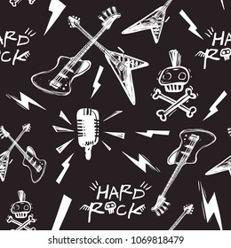 Rock-and-roll seamless pattern with lightnings, microphone, punk skull, hard rock sign, guitars. Hard rock doodle illustration. Cartoon rock star iconic backdrop for music band, concert, party.