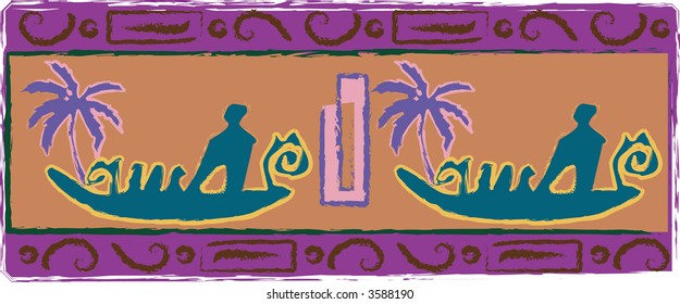 Rock-art carving style vector illustration showing ancient polynesian canoes.