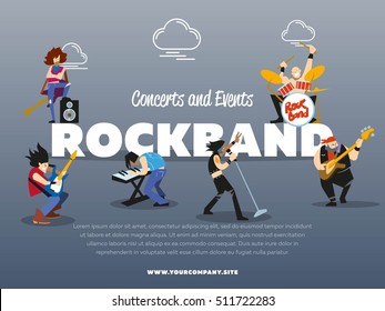 Rockband banner. Rock music festival. Rock-and-roll live concert and entertainment event promo invitation. Vector musician character with musical instrument performing illustration
