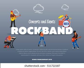 Rockband performance. Concert banner advertising rockband performance. Rock and roll band open air music festival event presentation. Vector musician perform with musical instrument illustration
