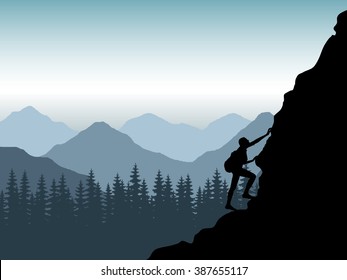 The rock-climber the girl rises up by the mountain. The climber against mountains at sunrise makes rise on height. The climber with a backpack travels around mountains. Vector.