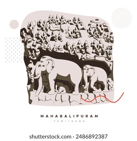 Rockcut Elephant Sculpture - Mahabalipuram - Stock Illustration as EPS 10 File