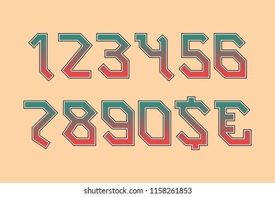 Rocker angular numbers with currency signs of dollar and euro. Gradient symbols with black edging.