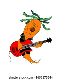 Rocker carrot in a leather vest sings loudly and plays on a red electric guitar. Funny stylized drawing of carrots. Kawaii carrots. Illustration for cartoon, comics, postcards. Vector.