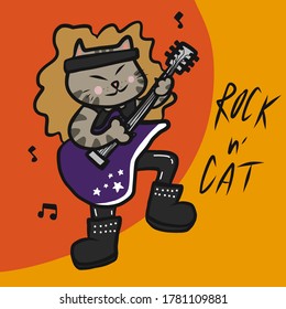 Rocker cat play guitar cartoon vector illustration