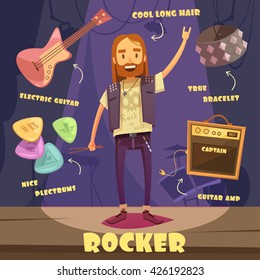 Rocker Character Pack With Trendy Elements For Long Haired Man On Stage Flat Vector Illustration