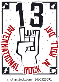 Rocker design with reminder date to celebrate International Rock "n" Roll Day with sign of the horns and frame with guitar, musical note, lightning and heart with bones.