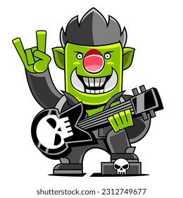 Rocker Dinosaurier spielt Gitarrenzeichnung. Dinosaurier und Gitarrenvektordruck.Fun T-Shirt Design für Kinder.Cute Dinosaurier Charakterdesign.