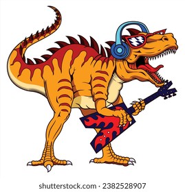 Rocker Dinosaur playing guitar drawing illustration. Dinosaur and guitar vector print.Fun t-shirt design for kids.Cute Dinosaur character design.