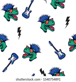 Rocker dinosaur seamless pattern. Dinosaur and guitar vector print.Fun t-shirt design for kids.Cute Dinosaur character design.