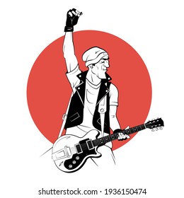 Rocker with electric guitar in sketch style on red background. Vector illustration.