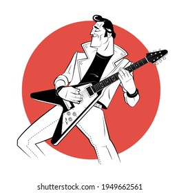 Rocker with electric guitar in sketch style on red background. Vector illustration.