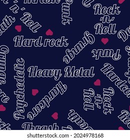 rocker fan seamless pattern. beautiful, with light strokes, inscriptions with the names of musical rock styles and striped abstract pink hearts randomly arranged on a dark blue background. vector
