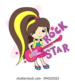 Rocker Girl Playing Guitar and Inscription "Rock Star"