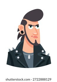 Um homem roqueiro em uma jaqueta de couro com brincos, personagem de desenho animado bonito. Clipart de vetor plano, ilustração com plano de fundo isolado.