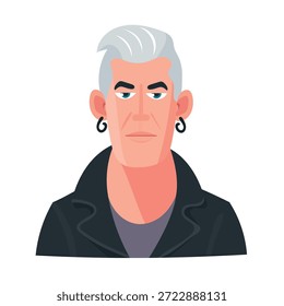 Um homem roqueiro em uma jaqueta de couro com brincos, personagem de desenho animado bonito. Clipart de vetor plano, ilustração com plano de fundo isolado.