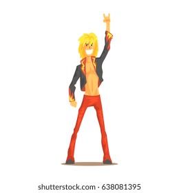 Rocker man showing rock and roll gesture, rock star colorful character vector Illustration