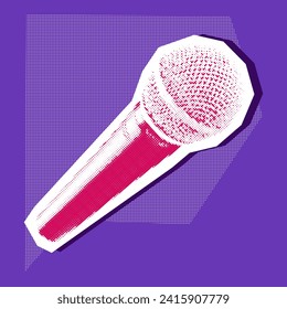 A rocker microphone with a collage in the style of grunge-pop-art-rock. Pink and white picture on blue. The item looks like a clipping from a magazine. Bright large and small dots create the shape