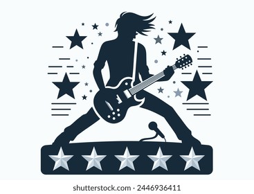 Rocker plays the electric guitar furiously. Vector illustration of male playing electric guitar. Young musician playing electric guitar