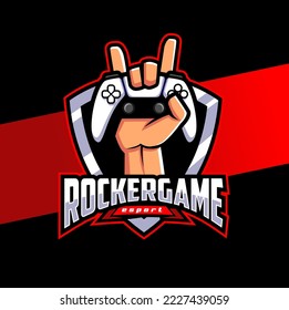 diseño de caracteres de logotipo de apoyo para jugadores profesionales de rock con controlador de juegos de stick de mano