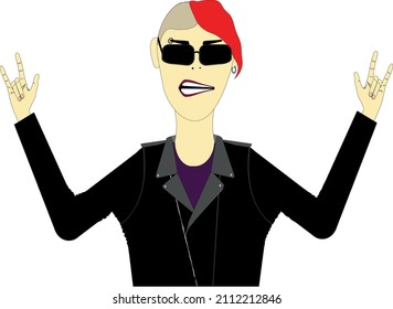 rocker show the Rock sign and bares his teeth