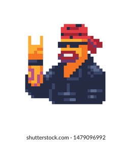 Rocker showing rock signs, man make goat gesture, biker, let's rock pixel art icon. Design for logo, sticker and mobile app.   Isolated vector illustration. 