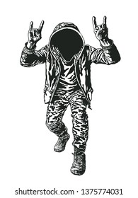 Rocker Shows Sign Of The Horns Symbol. Scary man without a face in the hood  with characteristic heavy metal hand gesture. Vector Illustration.