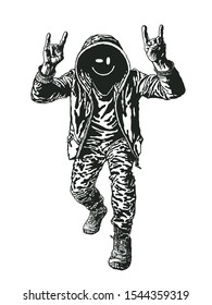 Rocker Shows Sign Of The Horns Symbol. Funny man with emoticon instead of face in the hood  with characteristic heavy metal hand gesture. Vector Illustration.