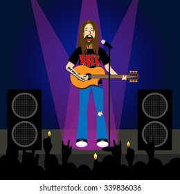 Rocker is singing a song and playing guitar at rock event