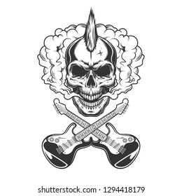 Rocker skull with mohawk in smoke cloud with crossed electric guitars in vintage monochrome style isolated vector illustration