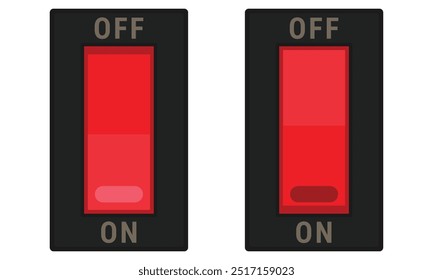 Wippschalter mit rotem Knopf und EIN AUS-Schildern. Vektorbild für elektrische Illustrationen oder Steuerschemata. Flacher Stil