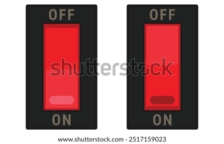 Rocker switch with red button and ON OFF labels. Vector image for electric illustrations or control schemas. Flat style