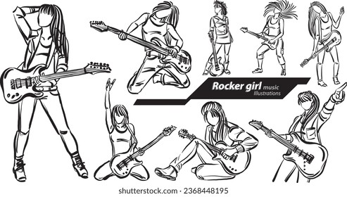 rocker young woman girl music career profession work doodle design drawing vector illustration