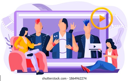 Rockers in leather jackets on a computer screen. The girl sits with a phone in her hands and presses the button of the video player. Women socialize and spend time together in online cinema