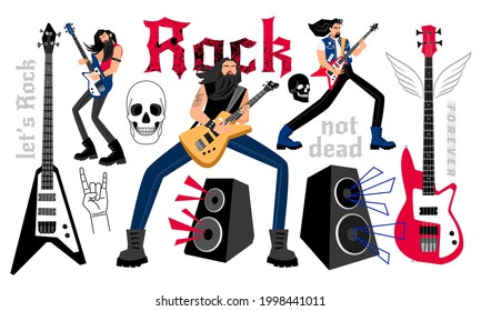 Fiesta de los rockeros. Músicos de dibujos animados con guitarras eléctricas, concepto de actuación en el festival de música rock, ilustración vectorial de la banda creativa de cantantes aislados de fondo blanco