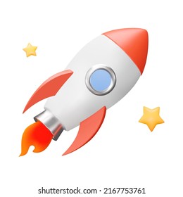 Rocket 3d icon. Rocket for space travel flies near the stars. Isolated object on a transparent background