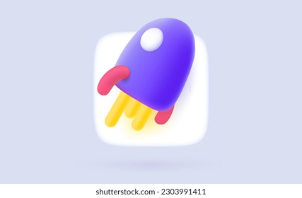 Icono de cohete 3d. Señal 3d de lanzamiento de nave espacial. Estrategia de inicio de la planificación de la investigación de optimización de SEO. Estética mínima gradiente simple gradiente gráfico vectorial