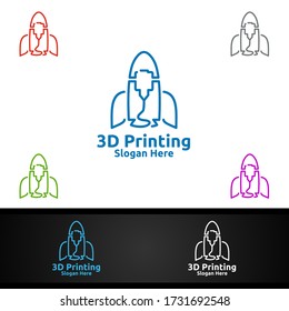 Diseño de logotipo vectorial de la empresa de impresión 3D de cohete para medios, ventas al por menor, publicidad, concepto de periódicos o libros